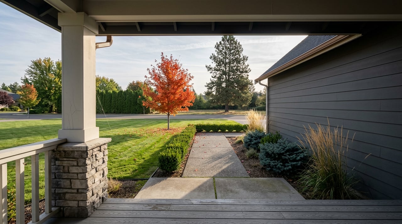 A gray-decked porch overlooks a broad lawn with an orange-red maple, clipped hedges, and a tall pine.