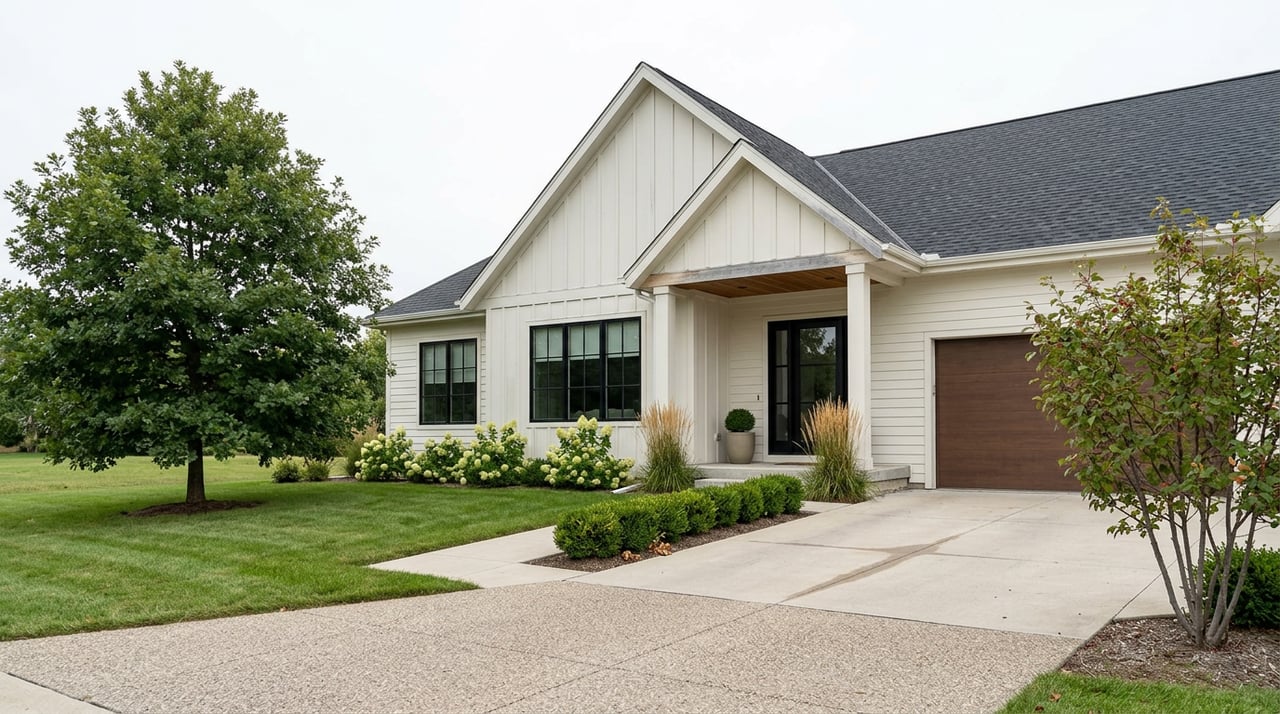 Detached off-white house with a front gable, walnut-toned garage door, and oak tree beside the lawn.