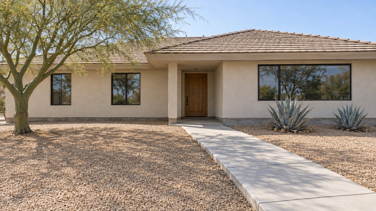 Updated single-story stucco home with a low tile roof, black-framed windows, and a deep gravel yard with a sculptural green-trunk tree and two agaves.