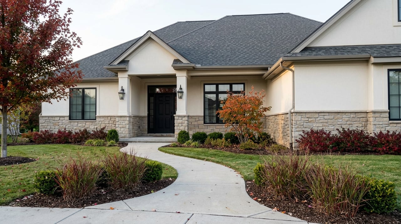 Craftsman farmhouse with stone entry columns, a curved front walk, and red autumn foliage.