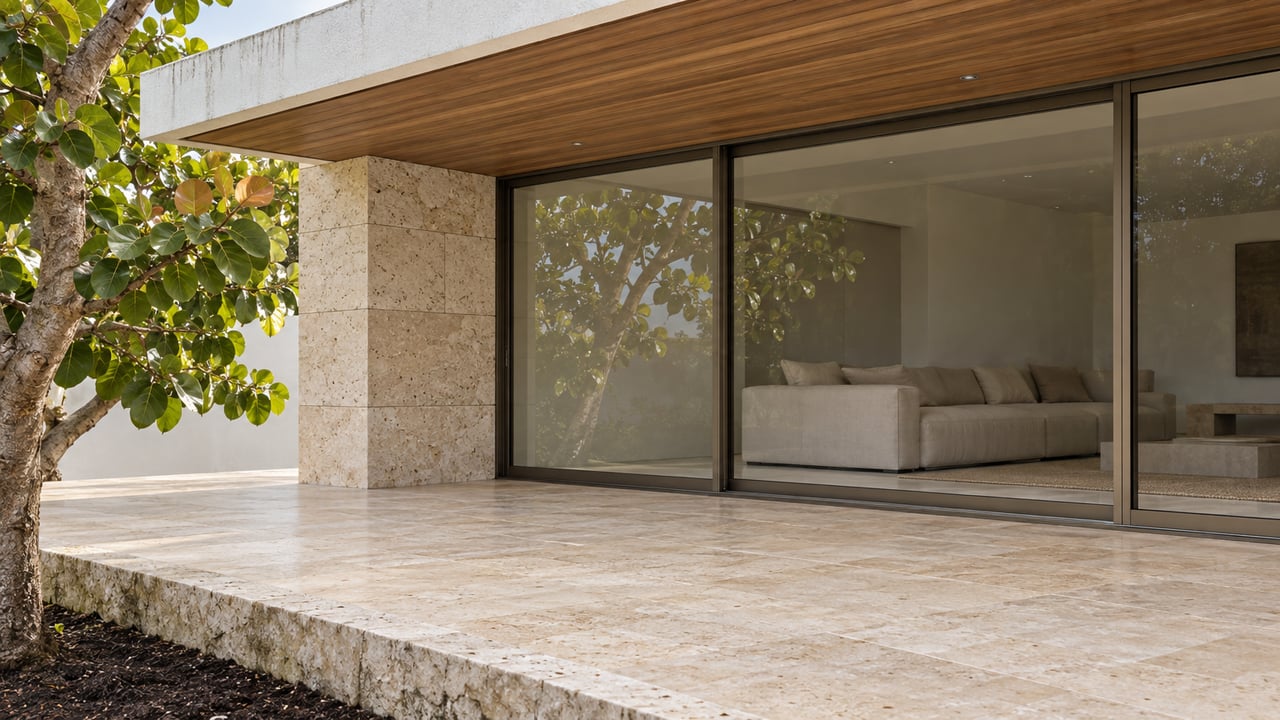 Covered villa terrace with timber soffit, limestone pier, bronze-framed glass doors and a sculptural sea grape tree beside a raised travertine edge.
