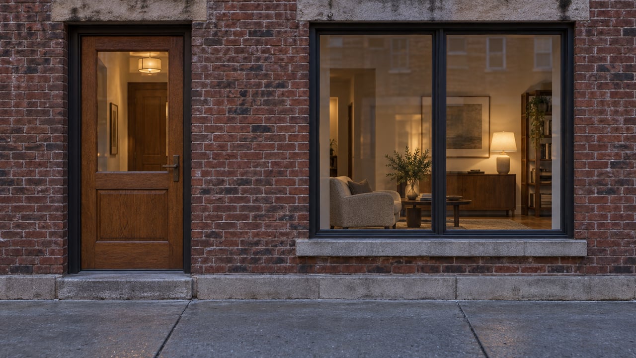 Weathered brick loft facade with an oak entrance, large steel-framed window and warmly lit living room at dusk.