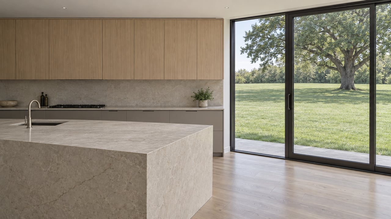Contemporary kitchen with a pale stone island, oak cabinetry, and glazed doors overlooking a lawn and mature tree.