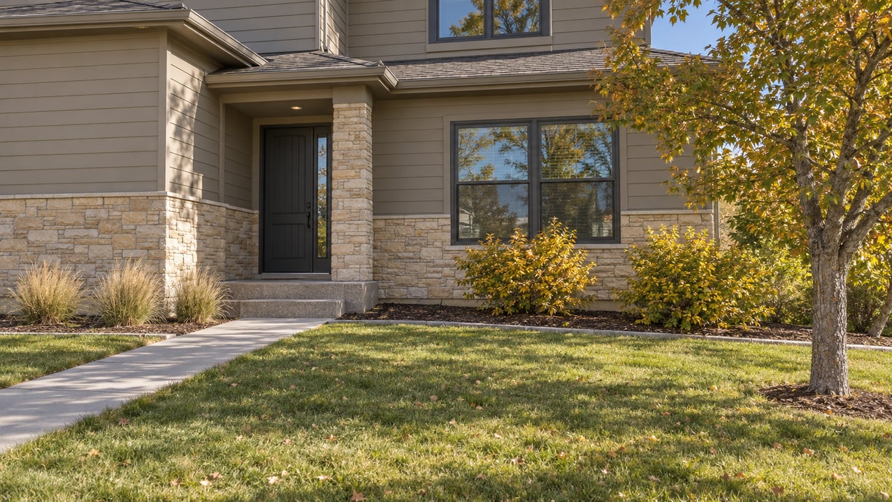 October afternoon light on a taupe-sided home's stone entry, concrete walk, deep lawn and autumn oak.