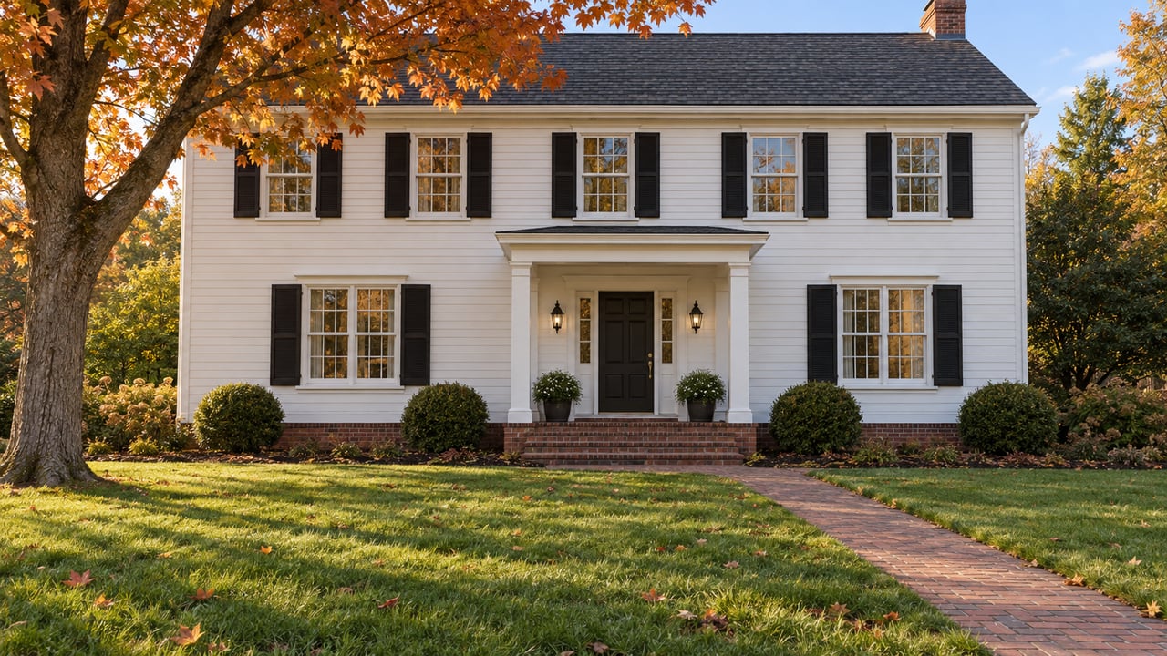 White clapboard house with black shutters, brick front steps and a deep green lawn beneath autumn maple branches.