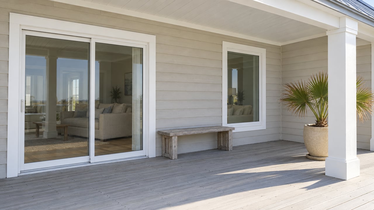 Sunlit covered deck of an elevated beach home with pale siding, closed glass doors, a weathered teak bench and a potted dwarf palmetto.