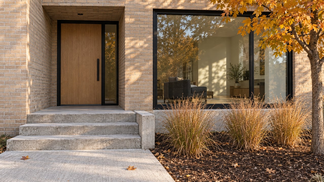 Buff-brick modern home entrance with an oak door, black-framed window, concrete steps, and gold-orange maple foliage.