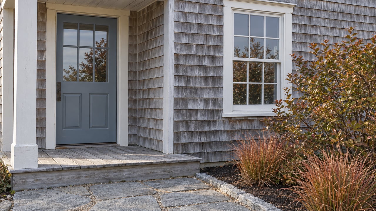 Weathered cedar-shingle cottage entrance with a blue-gray door, white-trimmed window, granite path and copper-colored autumn grasses.
