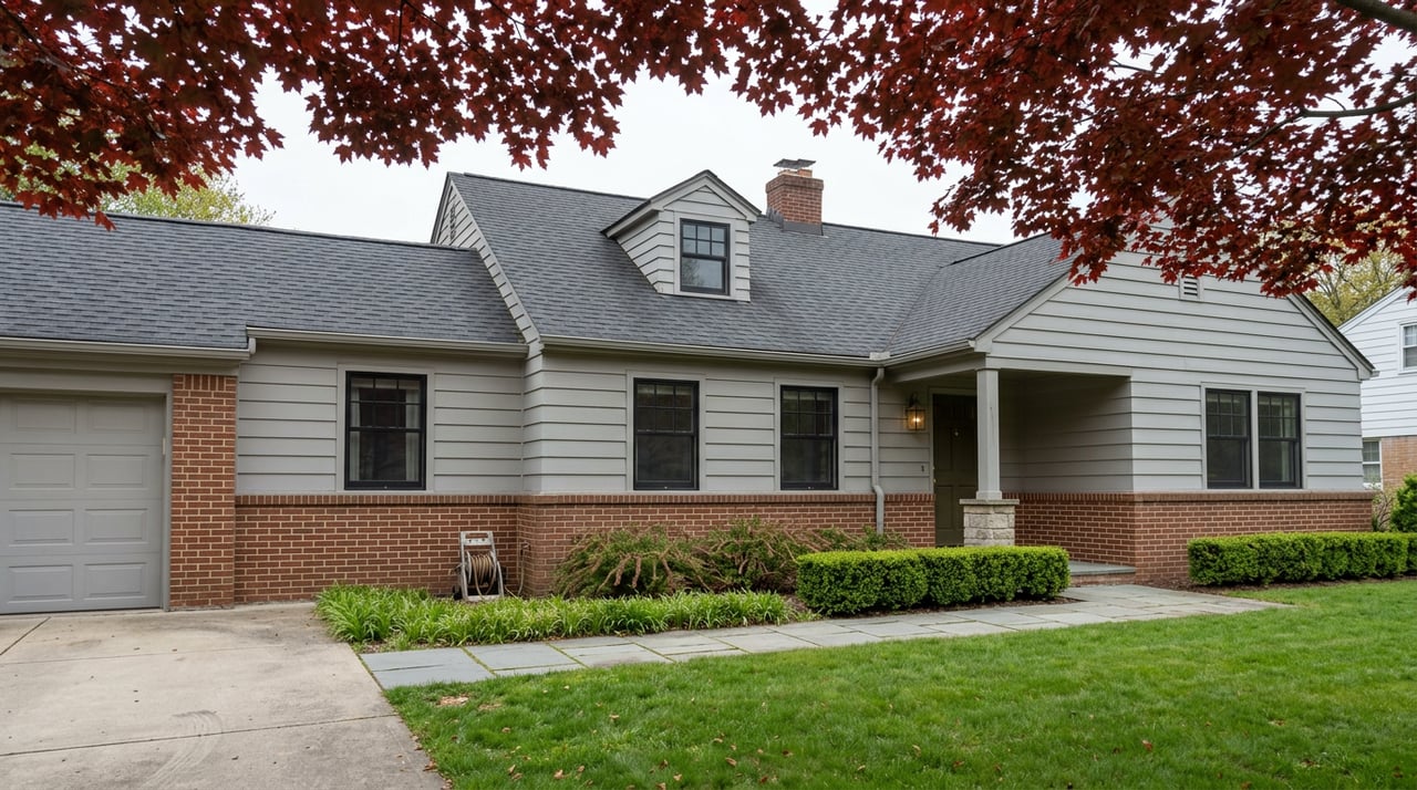 Suburban brick-and-gray-sided home with a stone entry column, set beneath a broad red maple canopy.