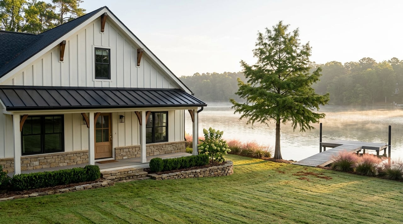 Warm-white lakefront home beside a sloping lawn, wooden dock, and tree-lined shore.