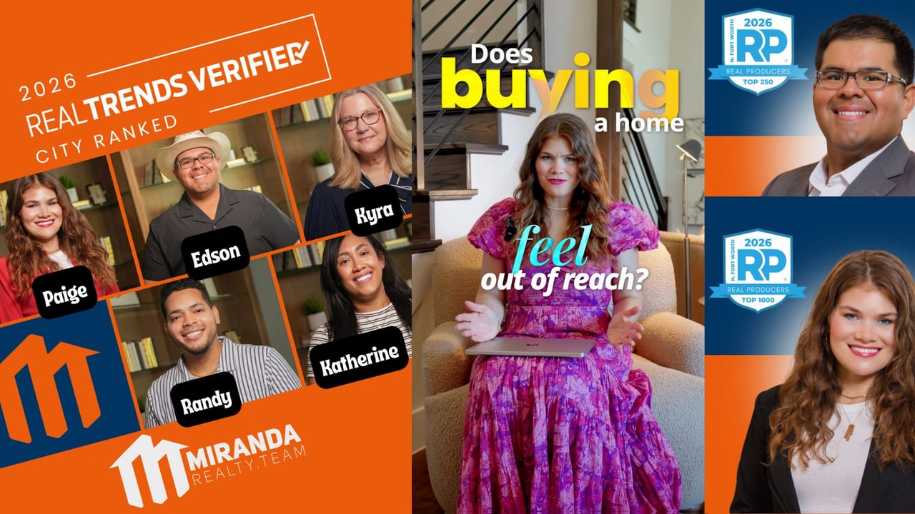 Miranda Realty Team, North Texas new construction realtors, featured with RealTrends Verified City Ranked and Real Producers badges, alongside the quote 'Does buying a home feel out of reach?