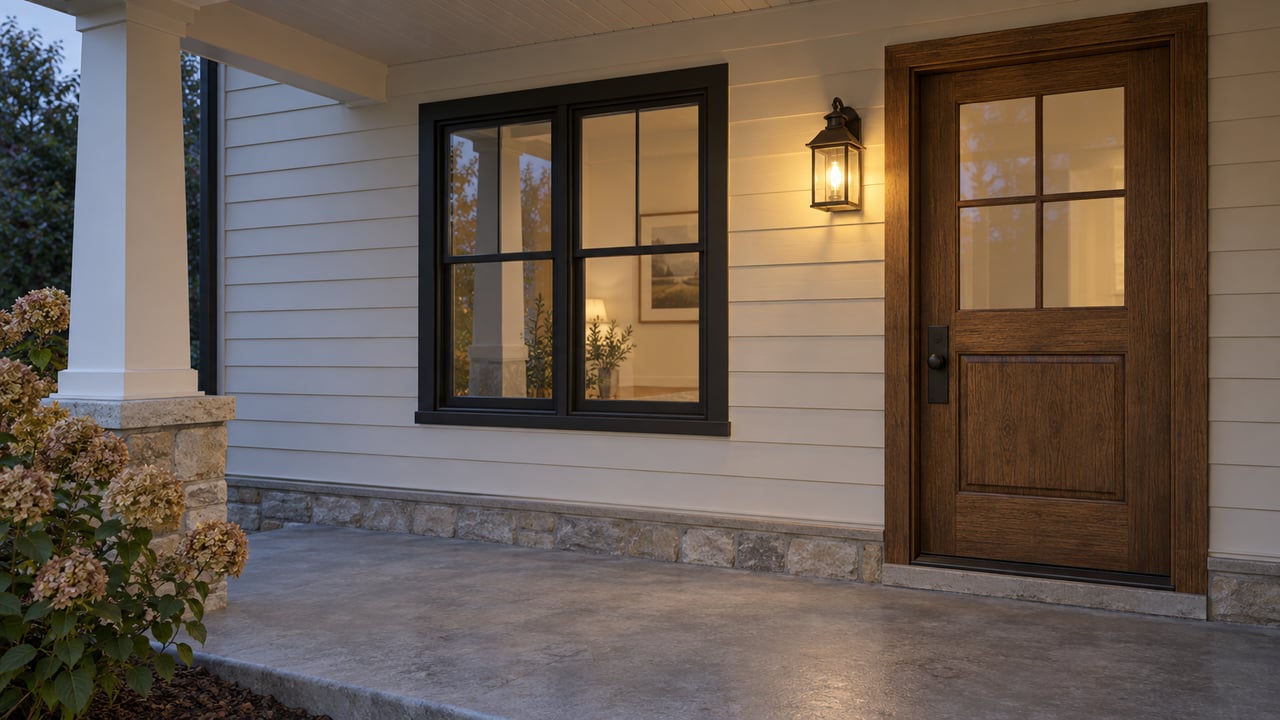 An ivory-sided home's covered porch at dusk, with an oak entry door, dark-trimmed window, limestone column base and warm bronze lantern.