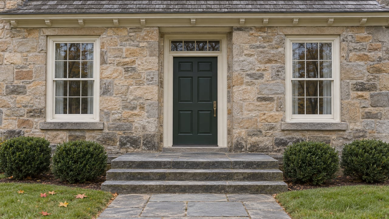 Stone house entrance with a dark green door, broad stone steps, and trimmed shrubs.
