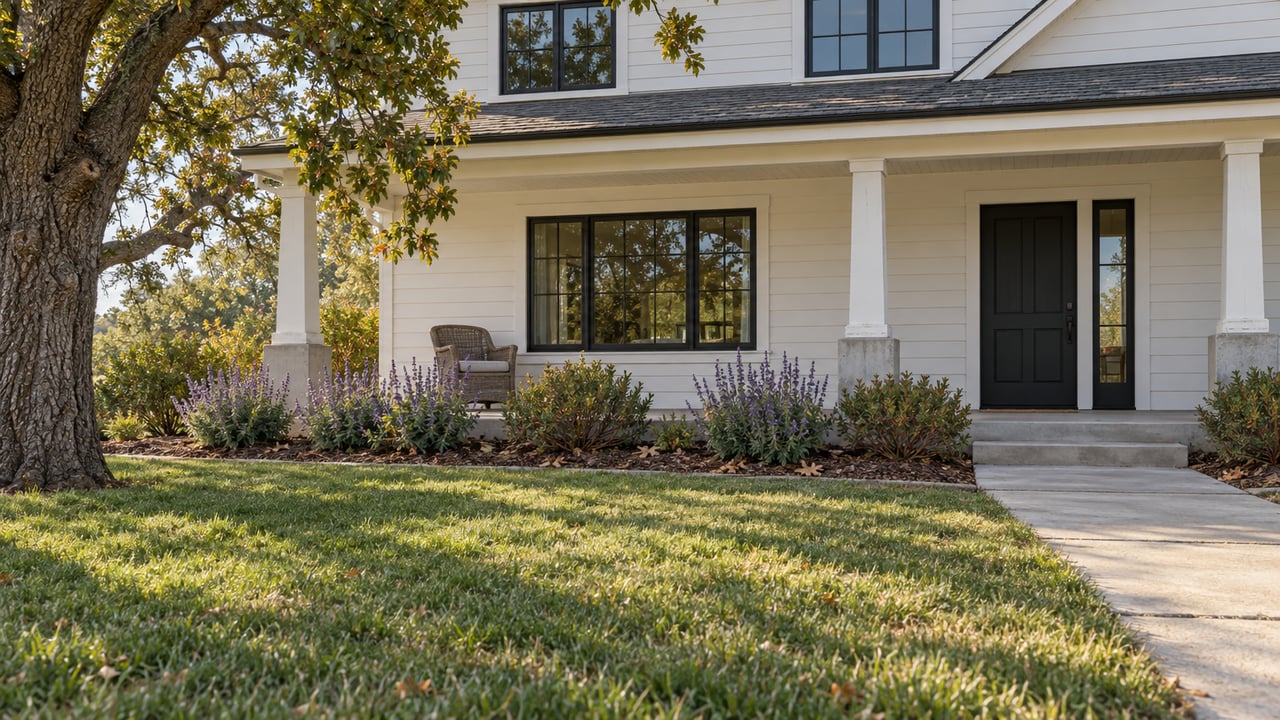 Warm-white home with black divided-light windows, a covered porch and established oak and native shrub planting beyond a deep front lawn.