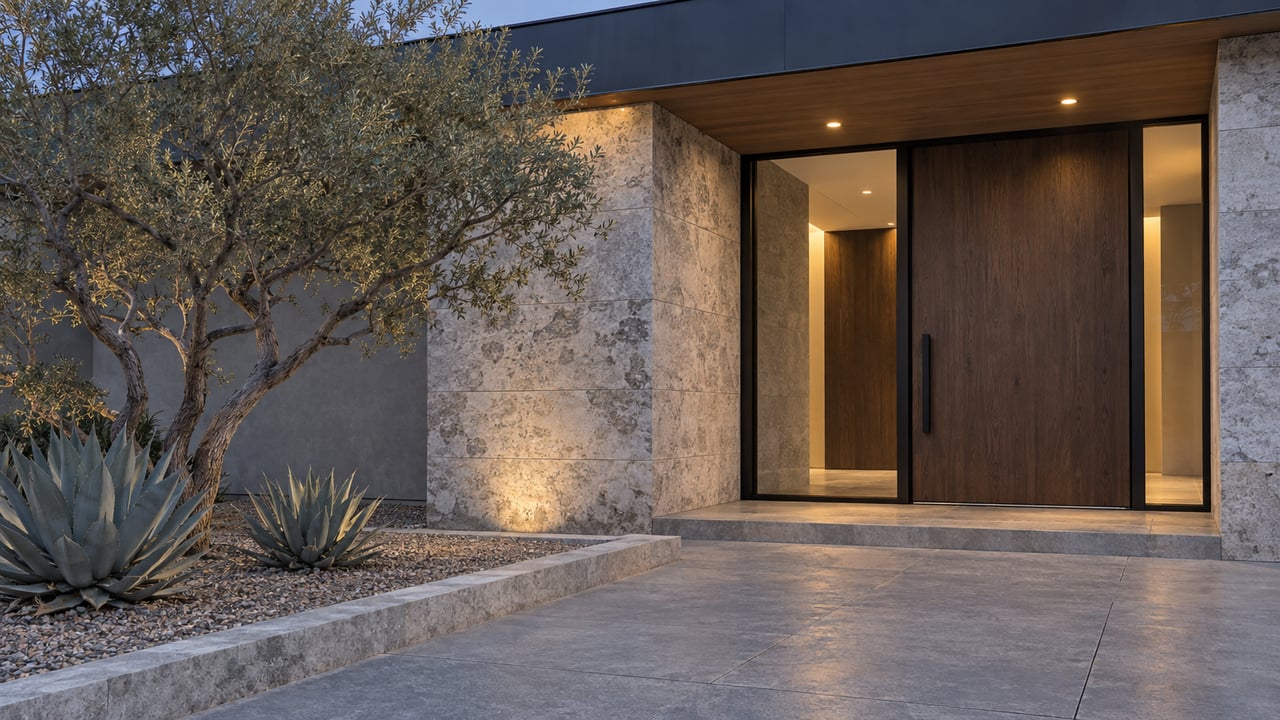 Modern home's recessed timber entrance and tall glazing under a deep flat-roof overhang, with a stone approach and sculptural desert planting at blue hour.