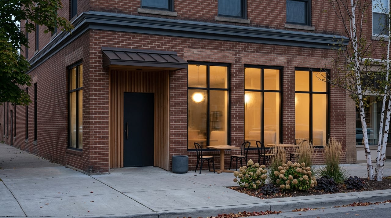 Brick storefront with glowing windows, cedar-lined entry, and an empty cafe table beneath a blue twilight sky.