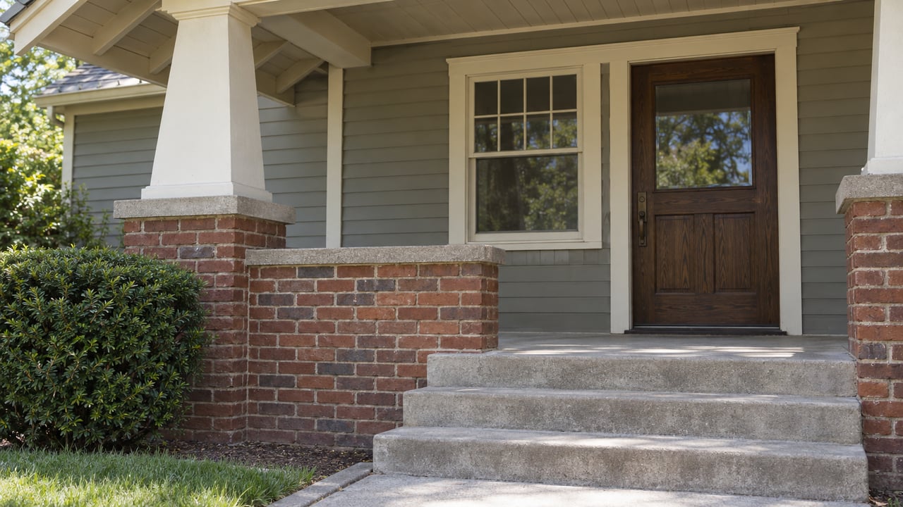 Close view of a bungalow porch with a tapered cream support, red-brown brick, concrete entry steps and a recessed oak front door.
