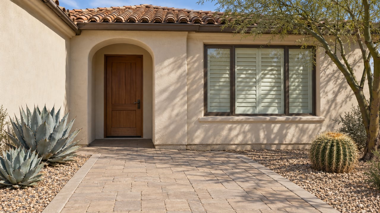 Single-story cream stucco home with clay roof tiles, an arched wood-door entrance, bronze-framed window, and gravel beds with desert plants beside a paver approach.