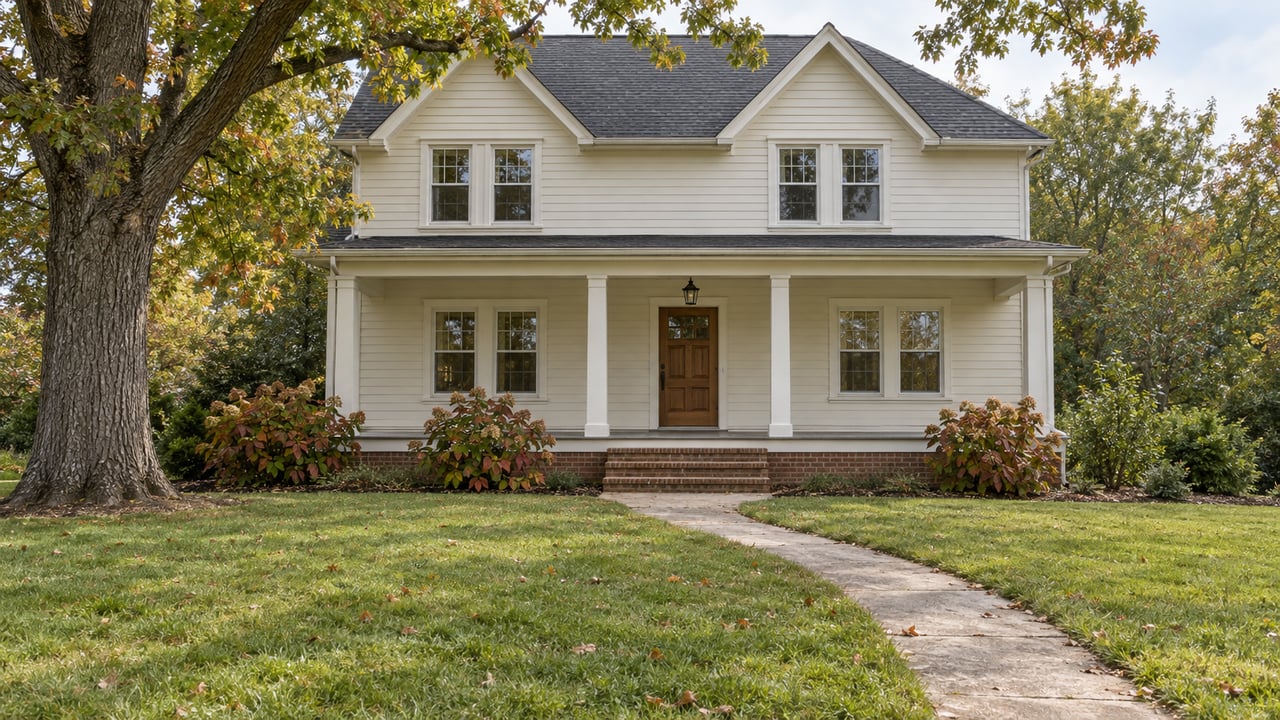 Cream clapboard house with a brick foundation, covered porch, deep autumn lawn and mature white oak.