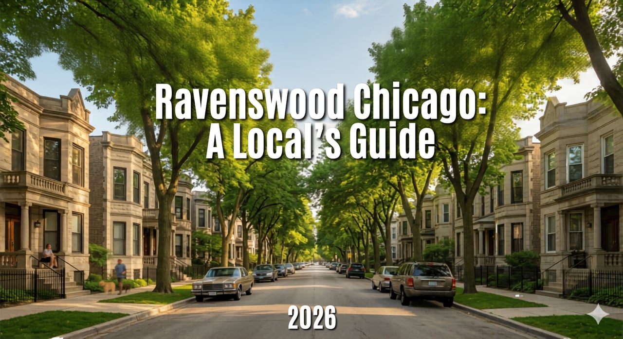 Tree-lined residential street in Ravenswood Chicago with vintage greystone homes - Dee Savic, Chicago Realtor®