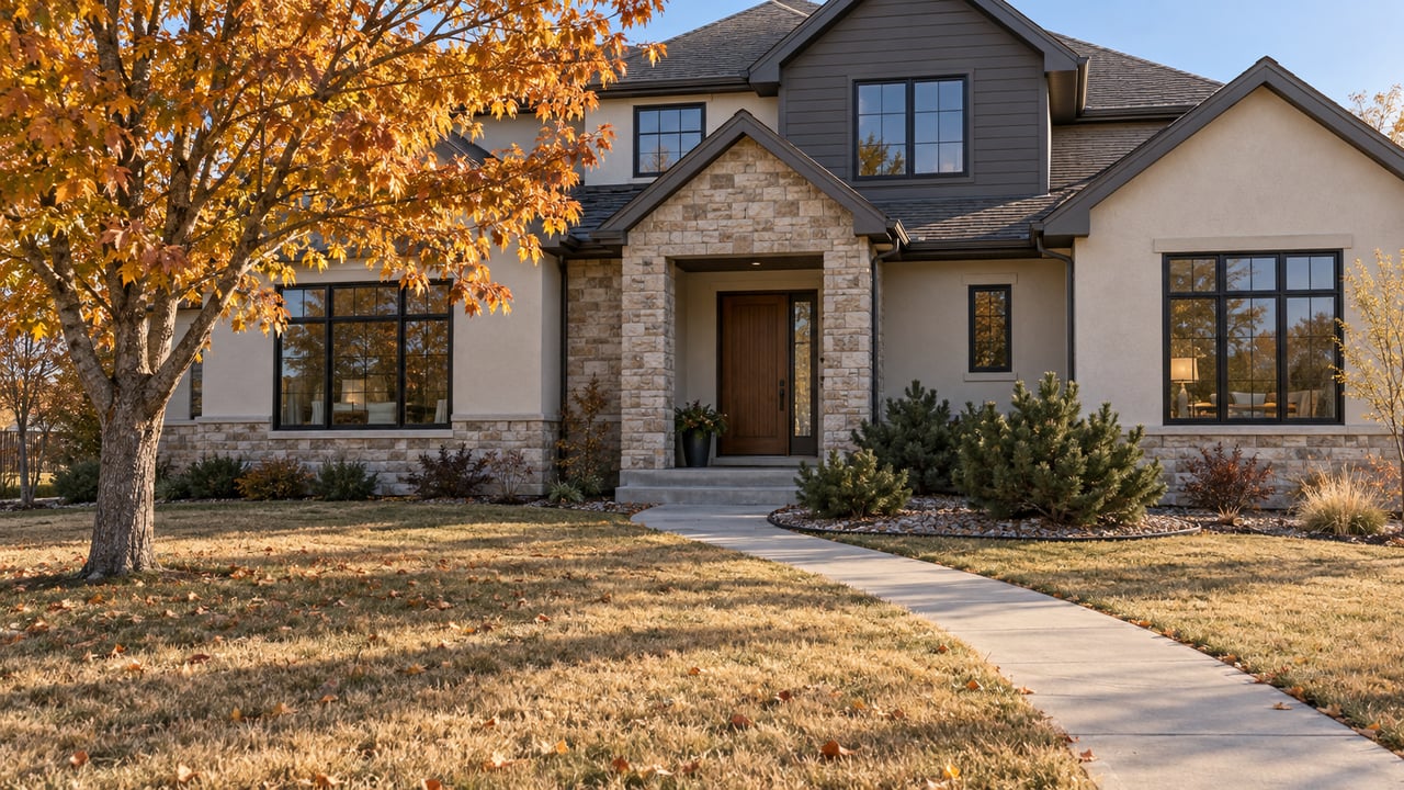Autumn sunlight across a deep front lawn and concrete approach to a two-story home with pale stucco, buff stone and charcoal siding.