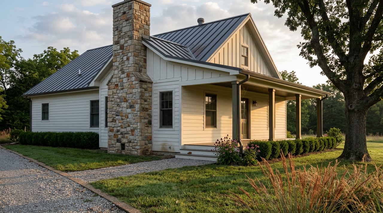 Country home with a covered porch, stone chimney, dark metal roof, and mature oak beside native grasses.