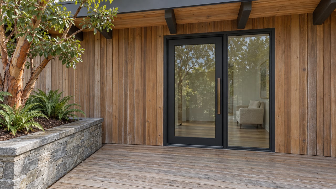 Cedar-clad home entry with black-framed glazing, a weathered timber landing and a stone planter containing a sculptural madrone and sword ferns.