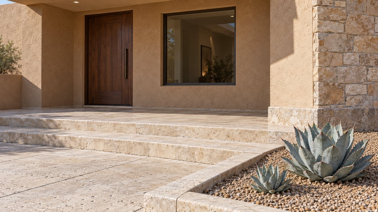Warm stucco and irregular stone frame a walnut entry door above broad limestone steps, beside two blue agaves in a curbed gravel bed.