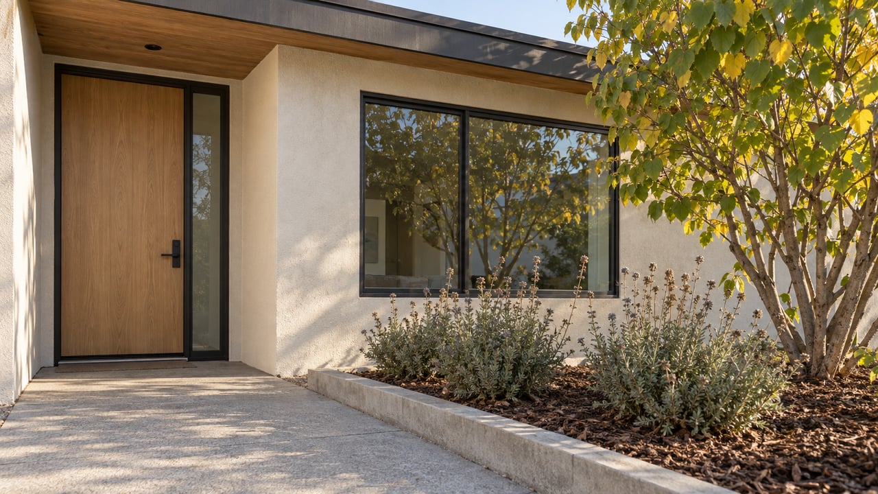 Ivory stucco home entrance with an oak door, charcoal-framed window, and a specimen western redbud beside a concrete approach.