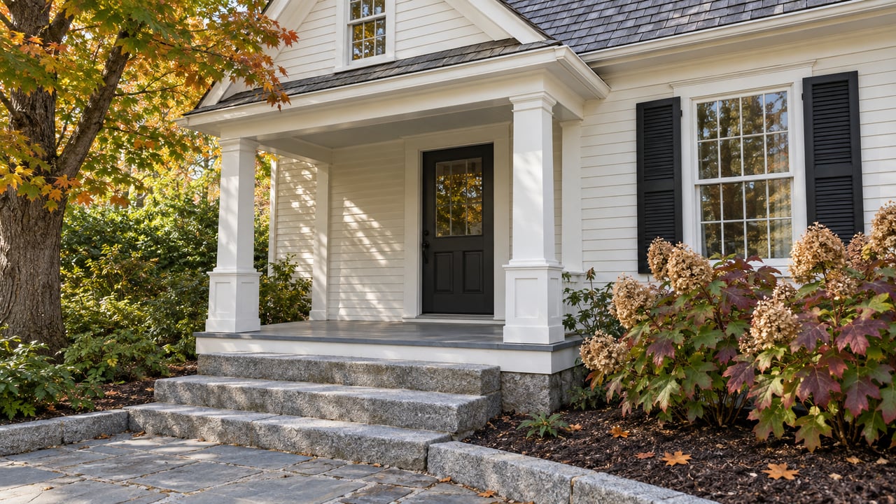 Ivory clapboard home with a deep porch, black shutters, granite steps and early autumn maple foliage.
