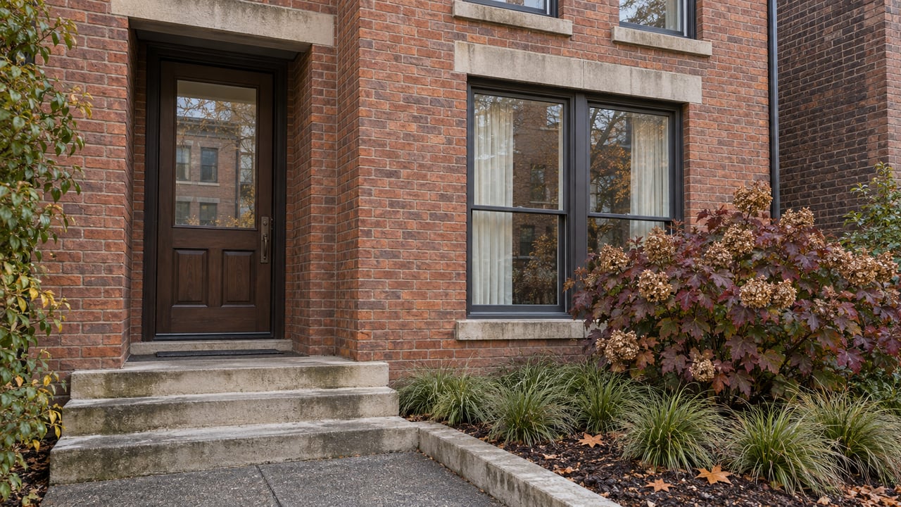 Renovated red-brick home entrance with a dark oak door, tall sash window, worn limestone steps, and burgundy oakleaf hydrangea.