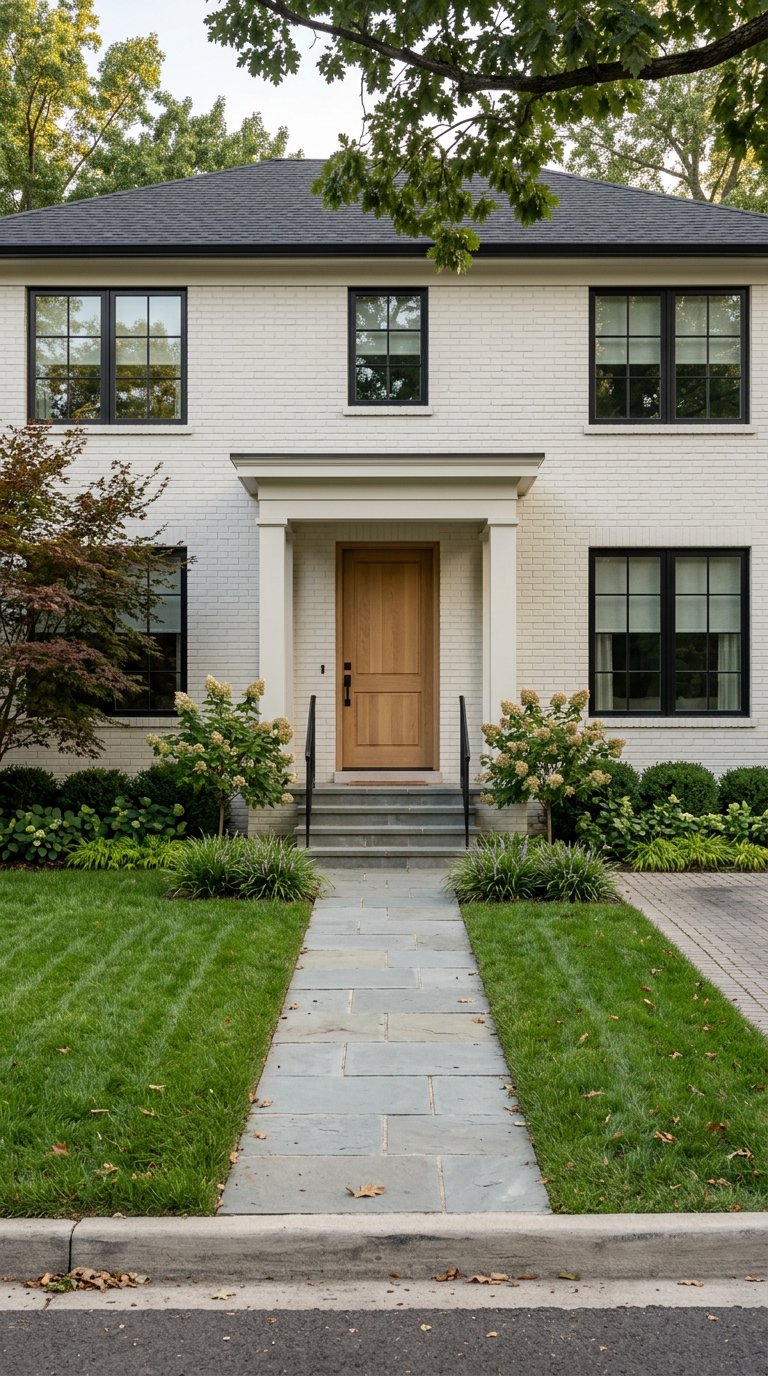 Off-white brick home entrance with oak door, black-framed windows, bluestone path, and curated planting.