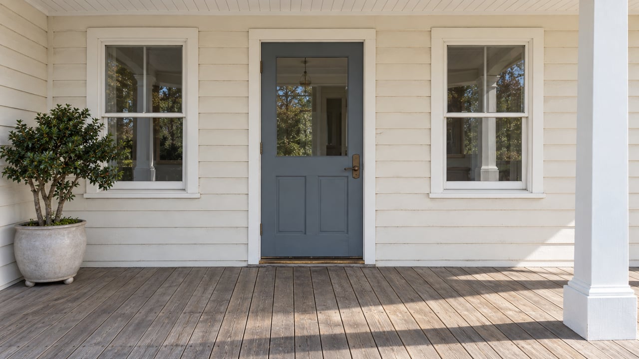 Covered porch with cream timber siding, a blue-grey glazed entry door, matching sash windows and a sculptural yaupon in a ceramic pot.