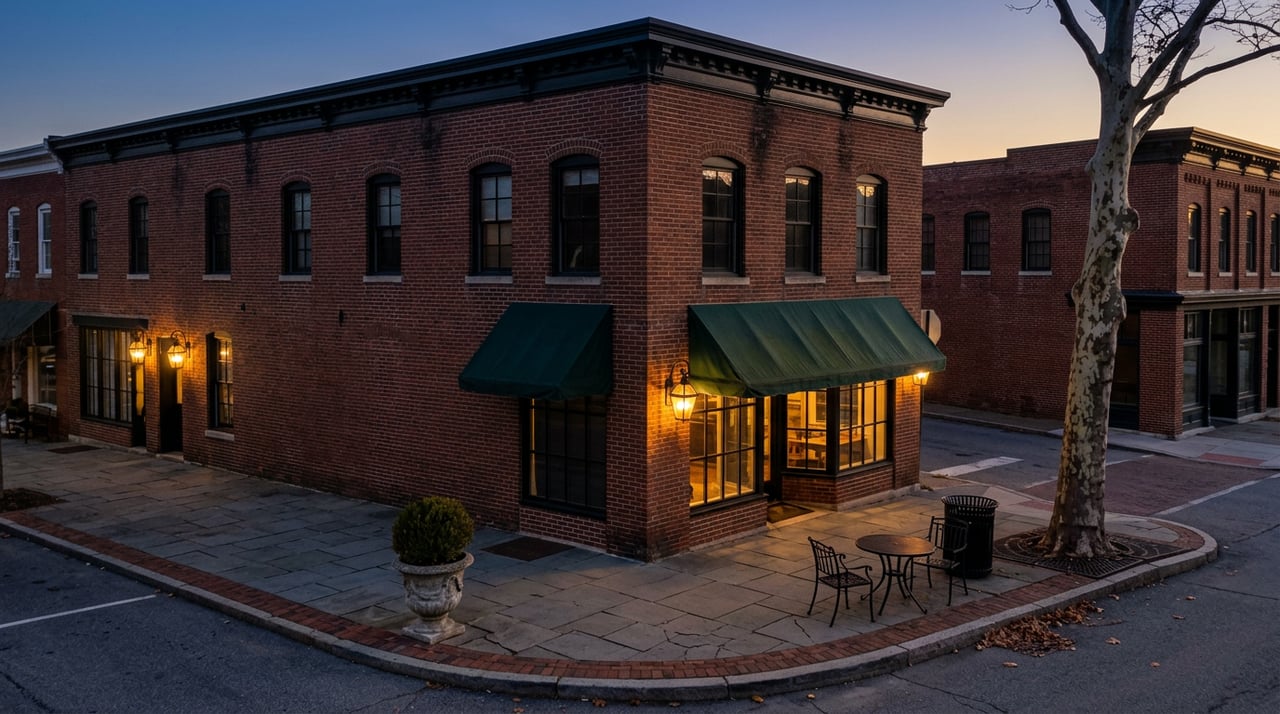 Brick corner storefront with a green awning, glowing lanterns, and empty bistro table and chairs at dusk.