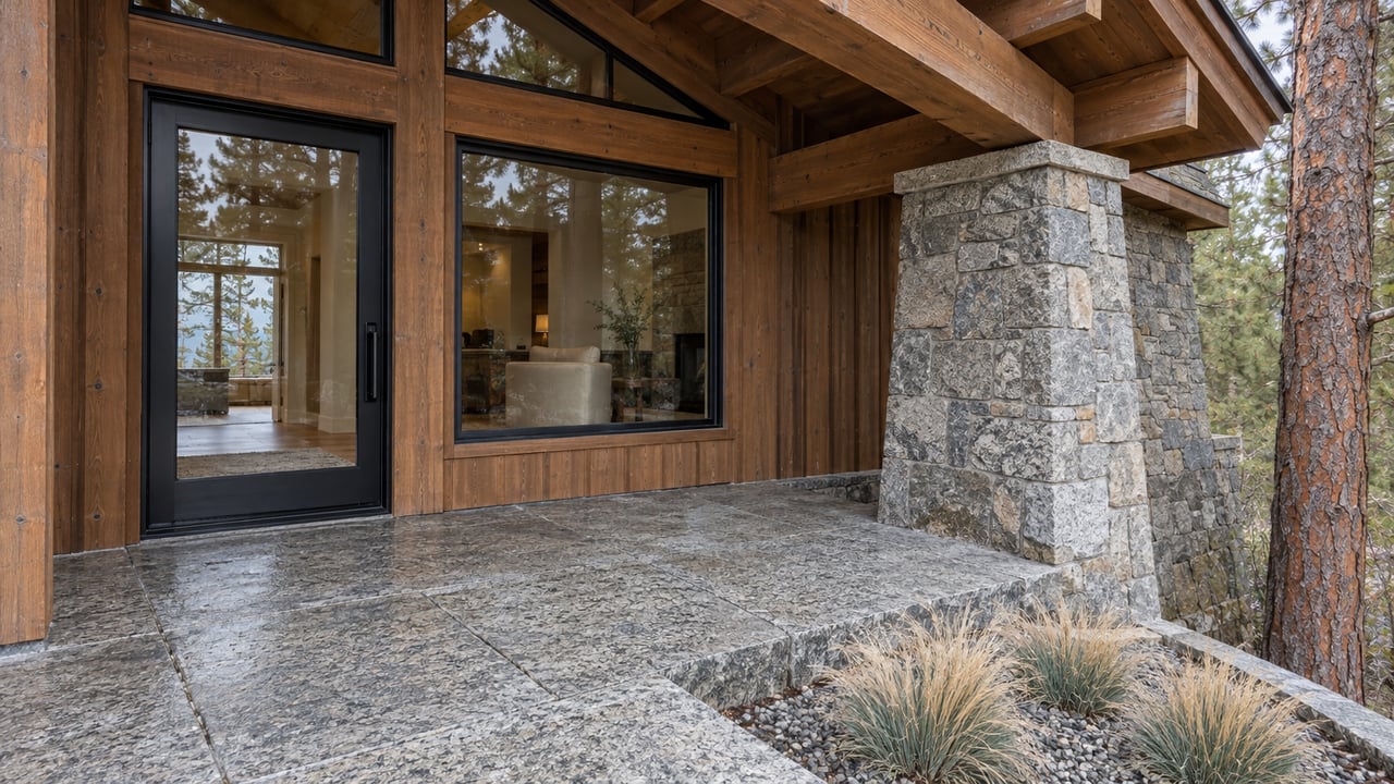 Close view of a timber-and-granite home's sheltered glass entrance, with a textured stone landing and three blue-green grass tussocks beside a pine trunk.