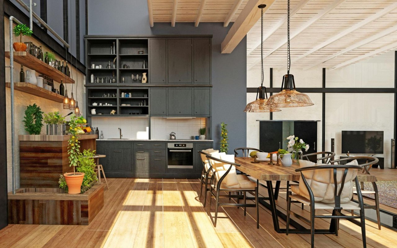  An interior view of a modern, open-concept living space with a kitchen, dining area, and living room visible.