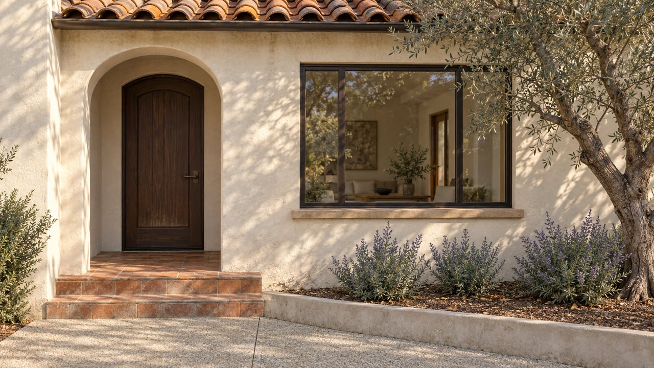 Morning light on an ivory stucco home with an arched wood door, terracotta steps and a sculptural olive tree.