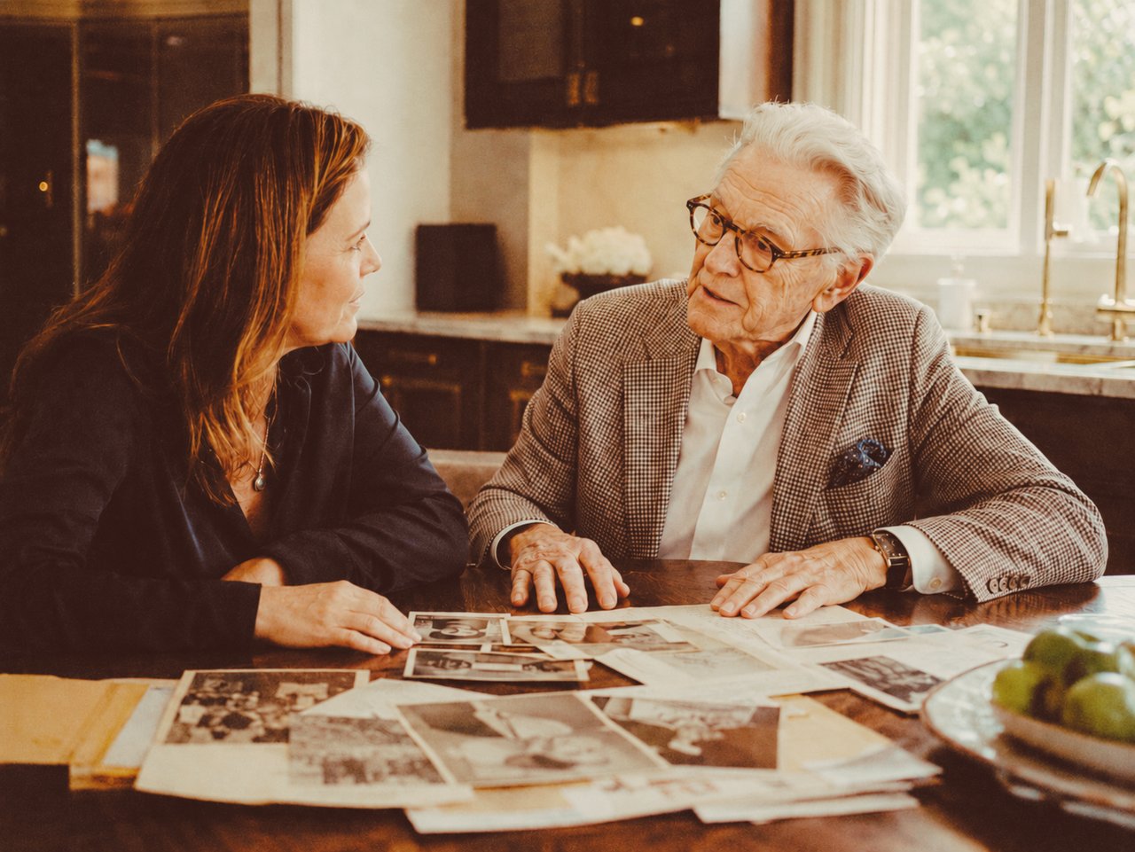 Father and adult daughter looking through old photographs together at the kitchen table while planning a home downsize