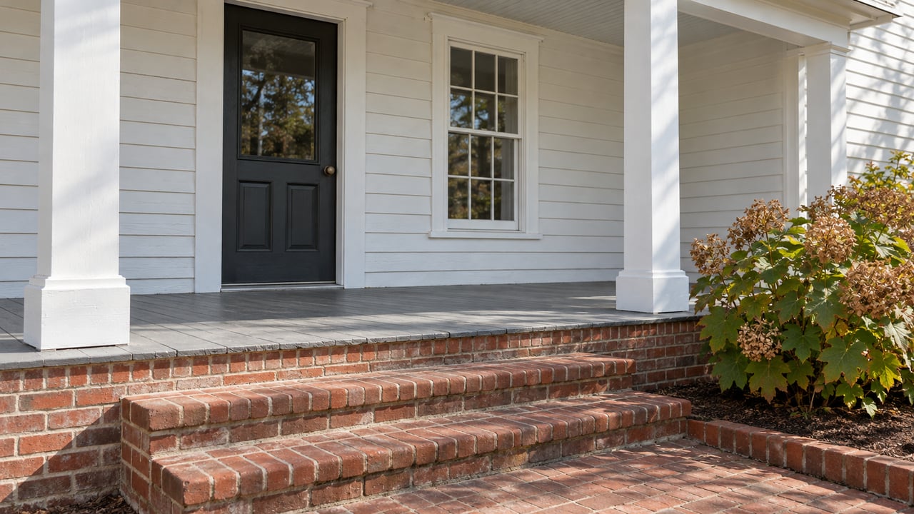 White clapboard home with a sheltered porch, charcoal entry door, red brick steps, and an oakleaf hydrangea beside the approach.