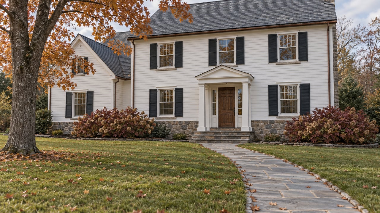Autumn lawn and flagstone approach to a white clapboard home with slate roof, stone foundation and a mature maple.