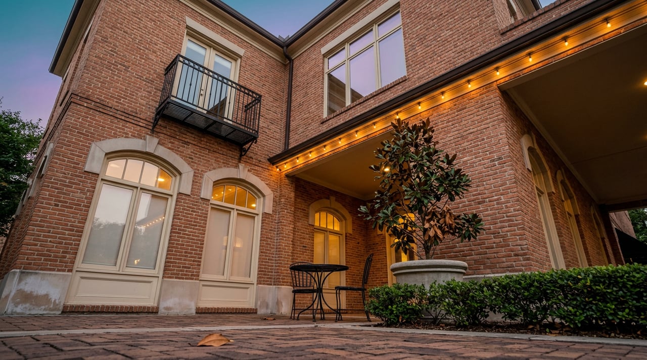 Three-story brick building with arched windows, a Juliet balcony, glowing arcade lights, and plaza bistro seating at dusk.