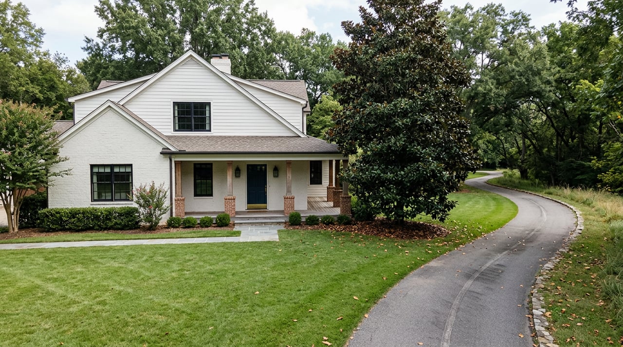 Traditional white two-story home beside a curving paved path, with a broad lawn and mature trees.
