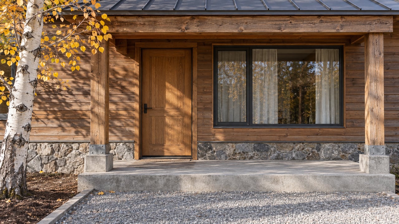Autumn light falls across a cedar-clad home's covered entrance, timber posts, stone foundation and concrete landing beside an aspen.
