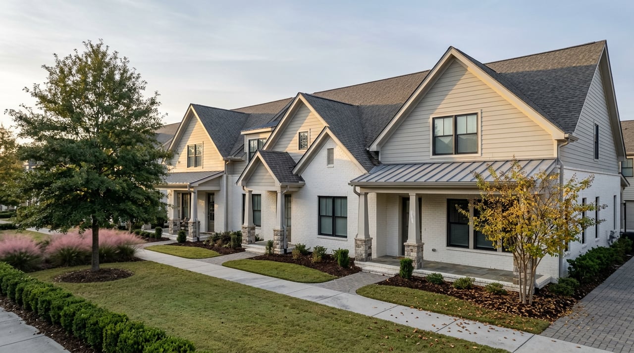 Three attached townhomes with gabled roofs and covered porches border a shared lawn and curving walkway.