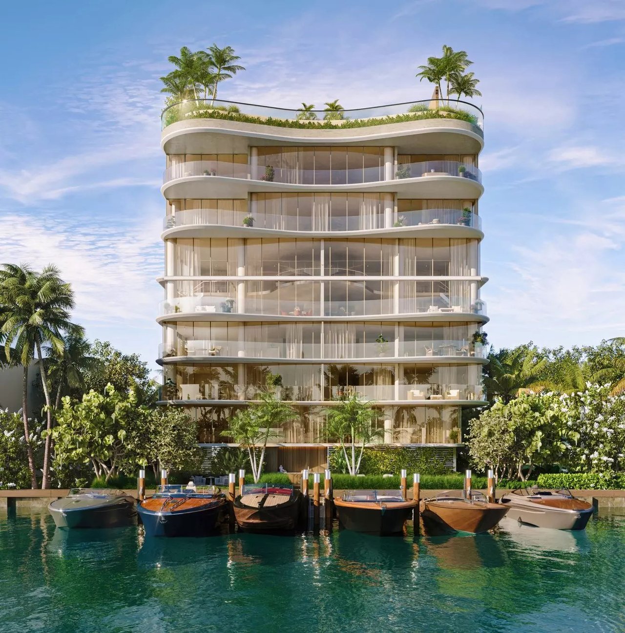 Rendering of Indian Creek Residences above its waterfront marina.