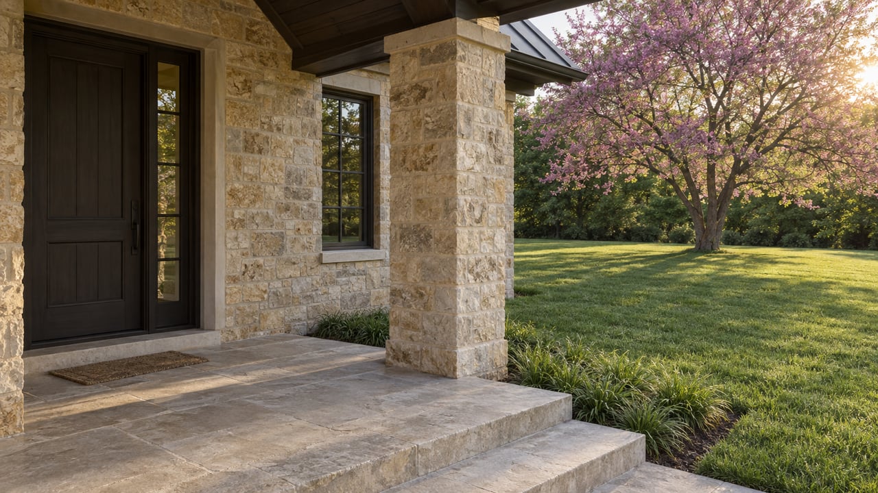 Buff limestone porch with a dark recessed door, two shallow steps, broad lawn, and mature redbud tree.