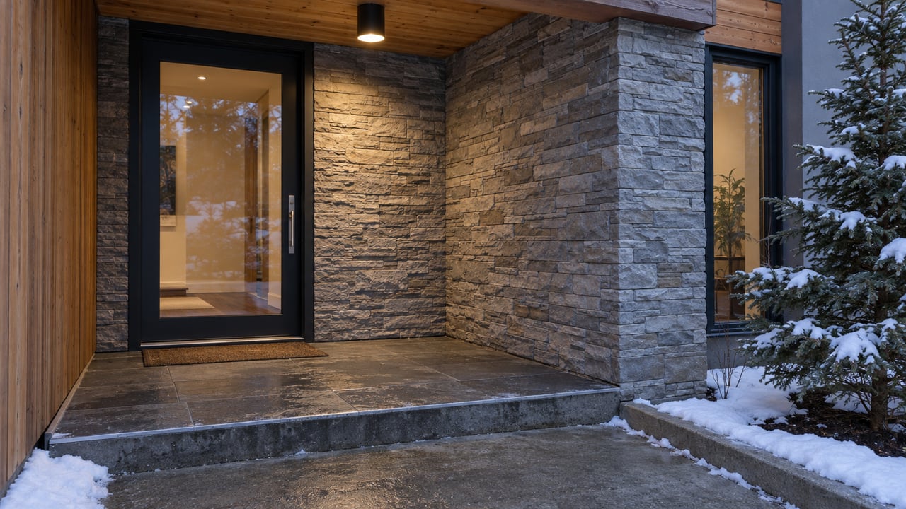 Snow-edged residential entry with a timber canopy, gray stone pier, warm ceiling light and closed glass door.