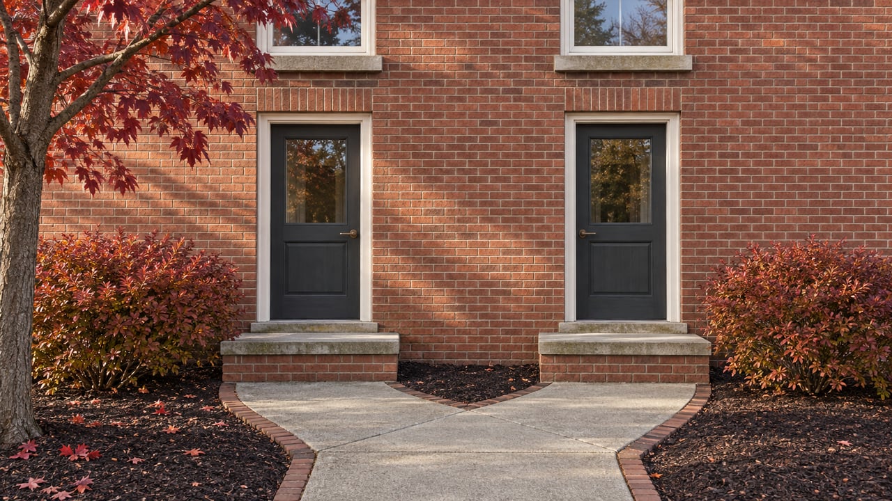 Two charcoal front doors in a red-brick residential facade, with separate masonry stoops and autumn planting beside a concrete approach.