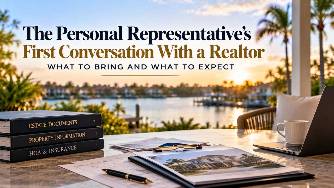 Estate planning documents, property information, HOA and insurance records, and a luxury home photograph arranged on a desk overlooking a Southwest Florida waterfront at sunset, illustrating what a Florida probate personal representative should bring to their first meeting with a Realtor when preparing to sell an inherited property in Naples, Fort Myers, and surrounding communities.