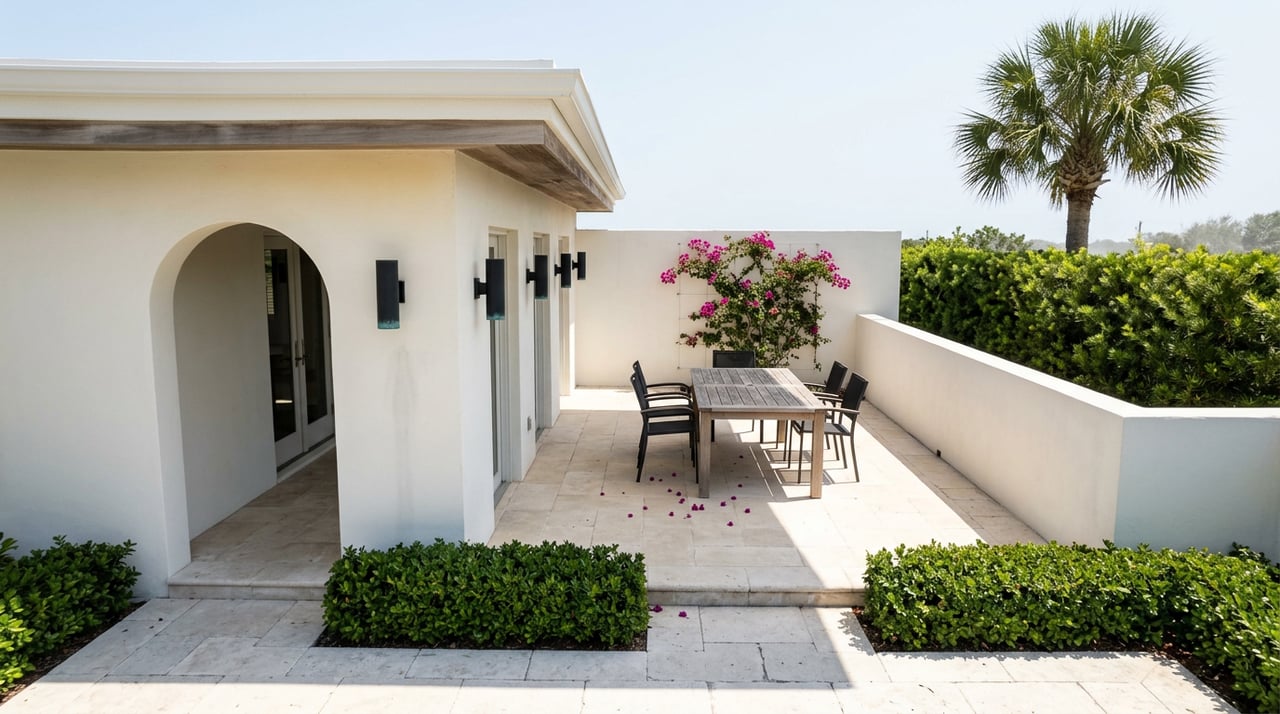 Private stone terrace with a teak dining table, iron chairs, arched stucco doorway, and palm.